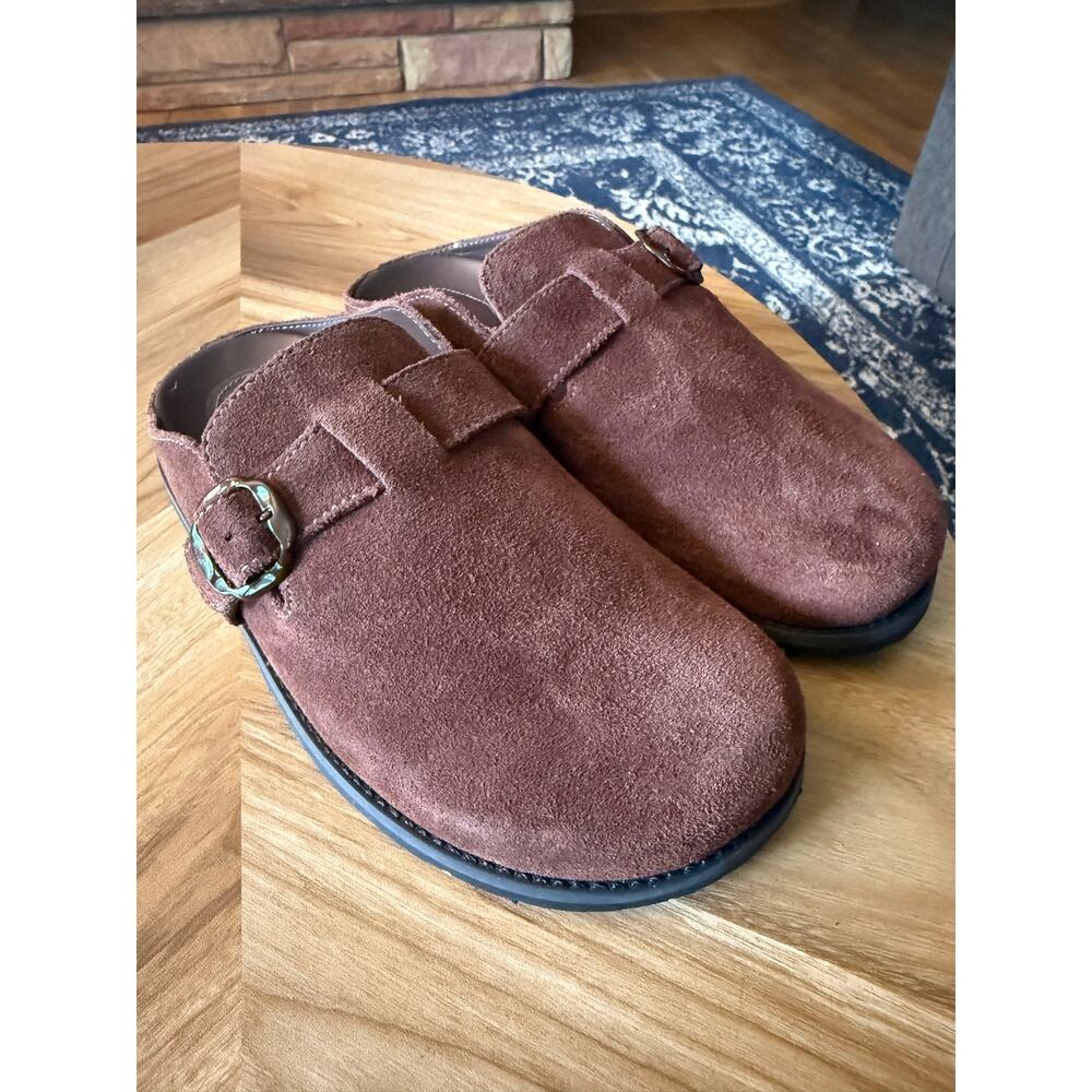 NWOT Larroude Chocolate Brown Platform Suede Mules Sz. 7.5